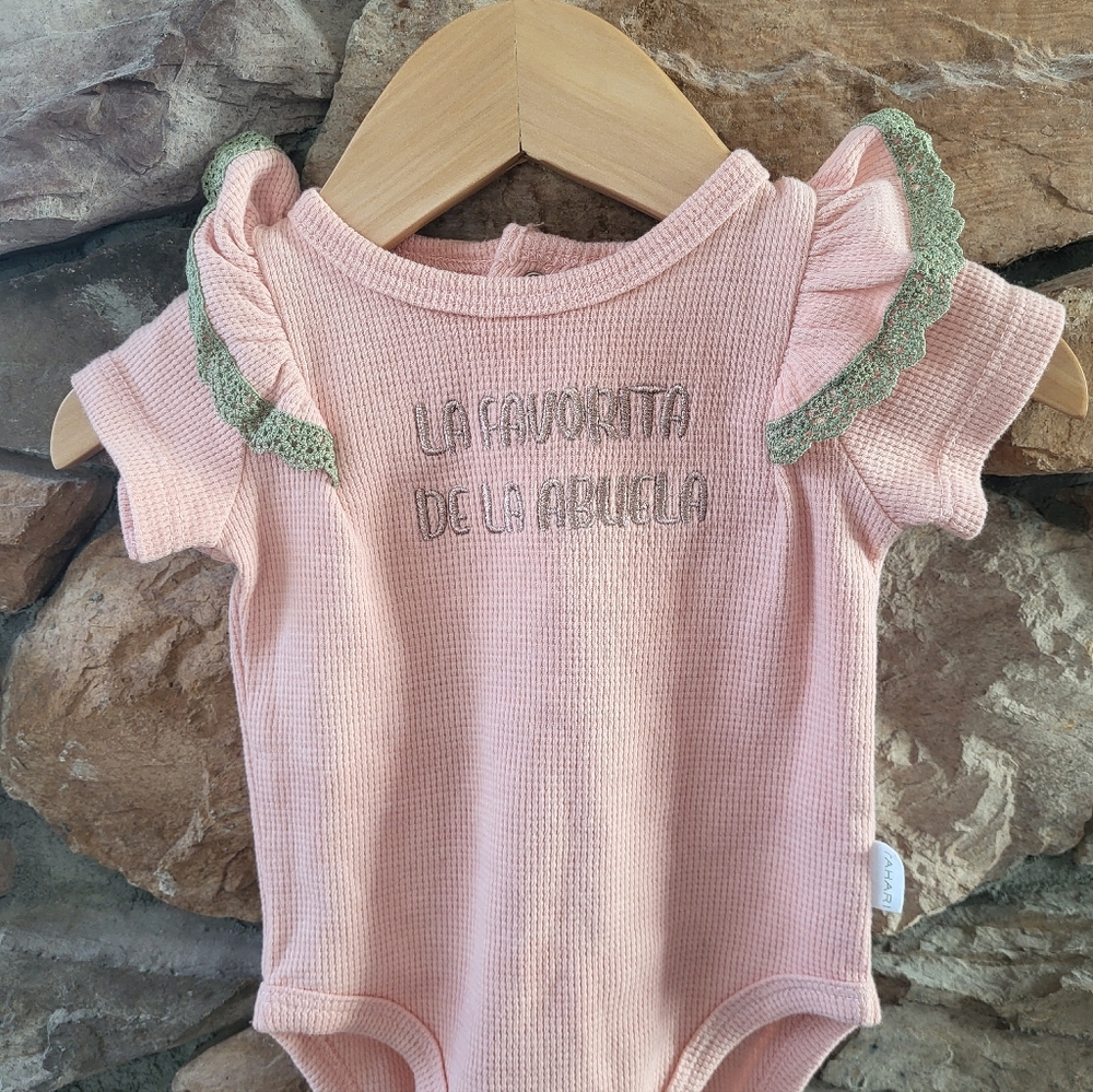 Tahari Abuela Pink and Green Ruffled Bodysuit NWOT